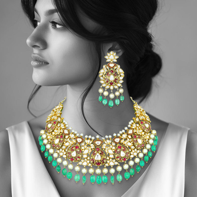 Polki Necklace Set with Red Stones, Emerald Beads, and Pearls